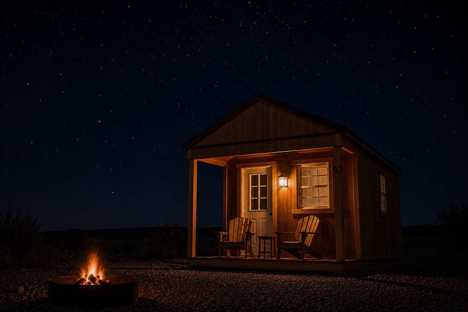 Lakeside cabin at night at Devil Creek Reservoir
