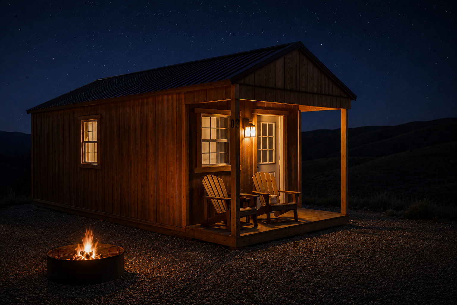 Pathfinder Cabin at night on Devil Creek Reservoir