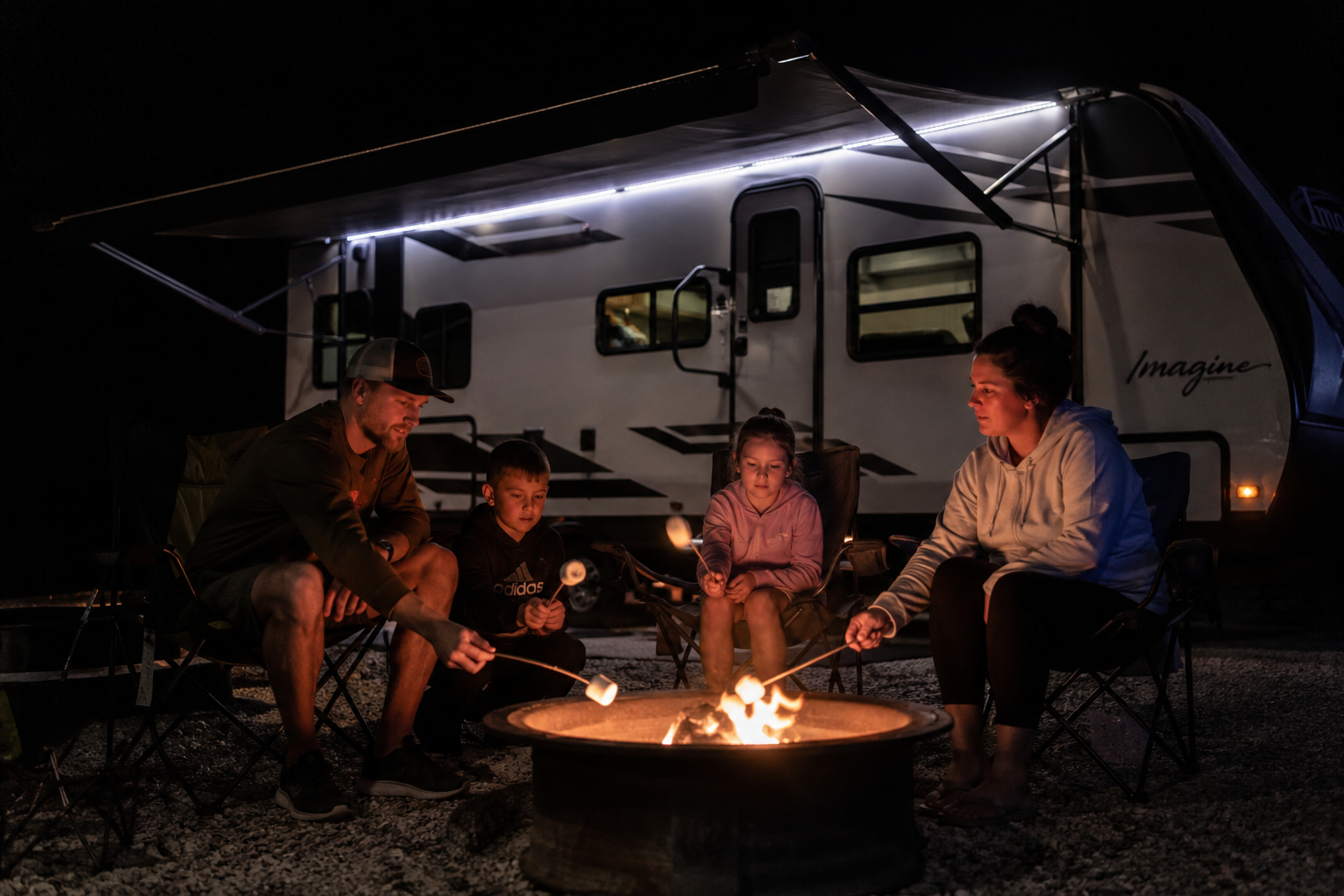 RV campsite at night at Sunrise Summit Resort